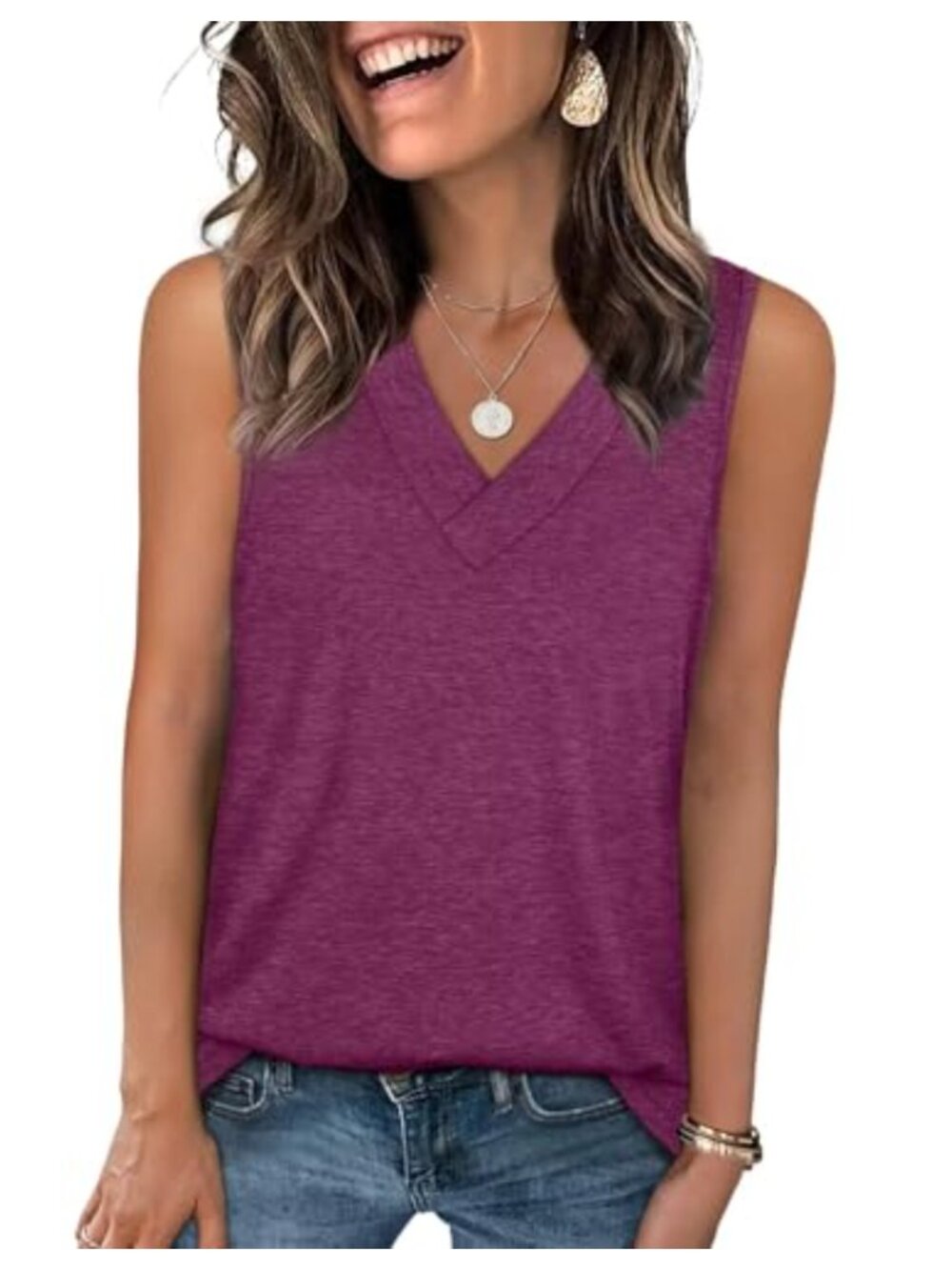 Women's V Neck Tank Top Loose Fit Sleeveless Summer Tee Casual